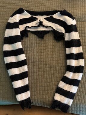 Wego Ripped Black and White Striped Knit Super Cropped Shrug